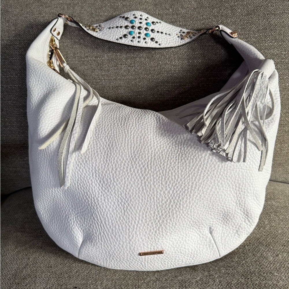 Rebecca Minkoff White Leather Hobo Bag with Fringe